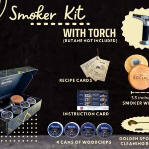 THE SOCIAL Cocktail Smoker Kit - with Torch and Wood Chips for Whiskey, Bourbon, Old Fashioned, Manhattan, infuse your favorite cocktails and wine. Perfect for entertaining and gifting!