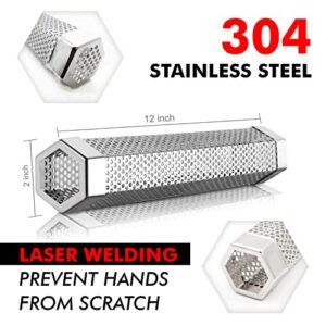 SAKIY Smoke Tube for Pellet smoker 12 inches Hexagon Portable BBQ works as a Cold/Hot Smoking fits in all sorts of grill - Stainless Steel Tube, Nonstop 5 hrs. Billowing