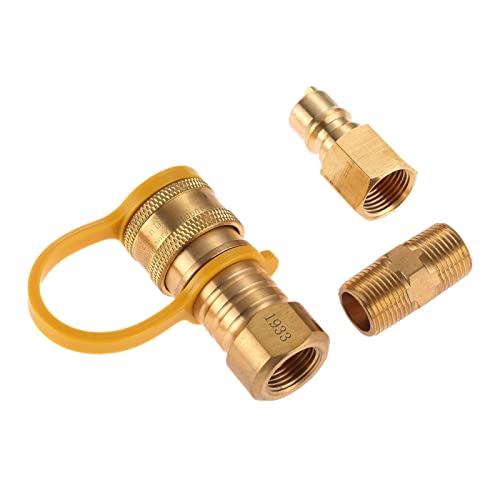 DRELD 3/8 Inch Natural Gas Quick Connect Fittings, LP Gas Propane Hose Quick Disconnect Kit, 3/8” Male Pipe NPT Thread x 3/8” Female Pipe Thread Natural and Propane Gas Hose Plug Solid Brass