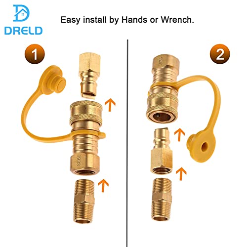 DRELD 3/8 Inch Natural Gas Quick Connect Fittings, LP Gas Propane Hose Quick Disconnect Kit, 3/8” Male Pipe NPT Thread x 3/8” Female Pipe Thread Natural and Propane Gas Hose Plug Solid Brass