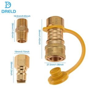 DRELD 3/8 Inch Natural Gas Quick Connect Fittings, LP Gas Propane Hose Quick Disconnect Kit, 3/8” Male Pipe NPT Thread x 3/8” Female Pipe Thread Natural and Propane Gas Hose Plug Solid Brass