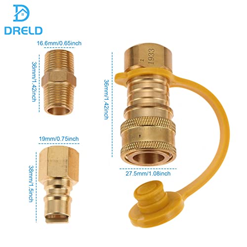 DRELD 3/8 Inch Natural Gas Quick Connect Fittings, LP Gas Propane Hose Quick Disconnect Kit, 3/8” Male Pipe NPT Thread x 3/8” Female Pipe Thread Natural and Propane Gas Hose Plug Solid Brass