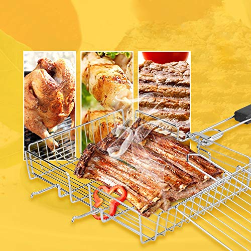 JAHH Non-Stick Rectangle Grilling Basket Folding BBQ Grill Vegetable Basket Set Black Wood Handle BBQ Meat Barbecue Accessories Tool