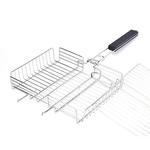 JAHH Non-Stick Rectangle Grilling Basket Folding BBQ Grill Vegetable Basket Set Black Wood Handle BBQ Meat Barbecue Accessories Tool