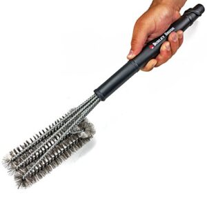 burley brush 3x stainless grill brush, ultimate cleaning brush for your bbq grill, long 18" handle, heavy duty construction, built to last with rugged twist wire design - works great with all weber, charbroil, traeger and all porcelain style grills - make