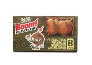 jealous devil boom! firestarters 8 pack, 100% natural made from coconut fiber, no smoke and odorless, waterproof, 20-minute long burn for bbq lump charcoal, briquettes, fireplace, camping and more
