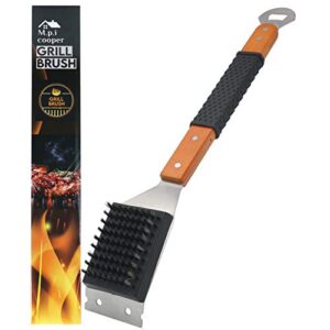 m.p.i cooper grill cleaning brush and scraper, best bbq wire bristles brush for grill cleaning, long wooden rubber handle for comfortable safe and strong grip with bottle opener tool