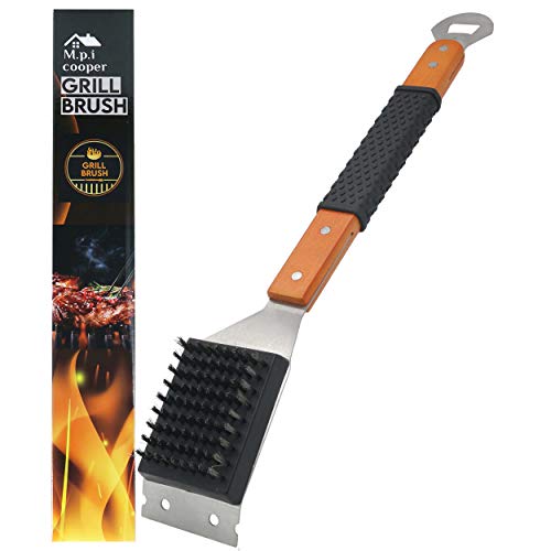 M.P.I cooper Grill Cleaning Brush and Scraper, Best BBQ Wire Bristles Brush for Grill Cleaning, Long Wooden Rubber Handle for Comfortable Safe and Strong Grip with Bottle Opener Tool