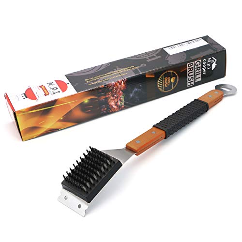 M.P.I cooper Grill Cleaning Brush and Scraper, Best BBQ Wire Bristles Brush for Grill Cleaning, Long Wooden Rubber Handle for Comfortable Safe and Strong Grip with Bottle Opener Tool