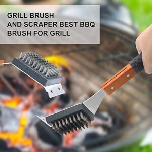 M.P.I cooper Grill Cleaning Brush and Scraper, Best BBQ Wire Bristles Brush for Grill Cleaning, Long Wooden Rubber Handle for Comfortable Safe and Strong Grip with Bottle Opener Tool