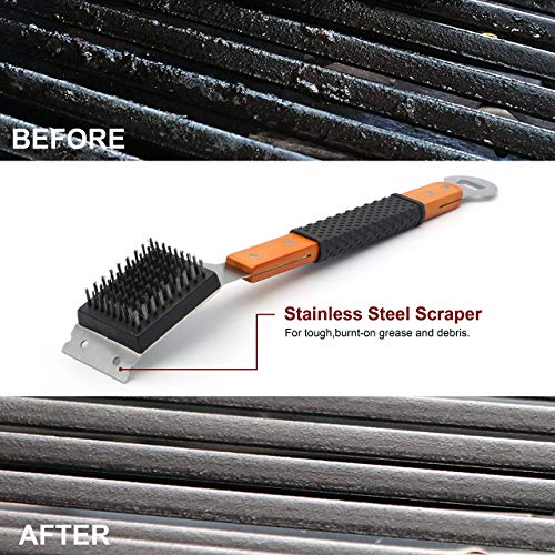 M.P.I cooper Grill Cleaning Brush and Scraper, Best BBQ Wire Bristles Brush for Grill Cleaning, Long Wooden Rubber Handle for Comfortable Safe and Strong Grip with Bottle Opener Tool