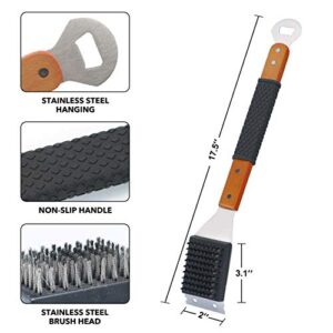 M.P.I cooper Grill Cleaning Brush and Scraper, Best BBQ Wire Bristles Brush for Grill Cleaning, Long Wooden Rubber Handle for Comfortable Safe and Strong Grip with Bottle Opener Tool