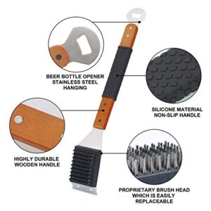 M.P.I cooper Grill Cleaning Brush and Scraper, Best BBQ Wire Bristles Brush for Grill Cleaning, Long Wooden Rubber Handle for Comfortable Safe and Strong Grip with Bottle Opener Tool