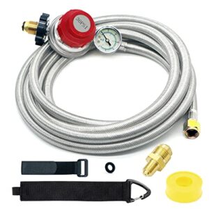 nqn 12 foot 0-30 psi high pressure adjustable propane regulator with gauge 0~60psi gas flow indicator, gas cooker 3/8inch female flare fitting, stainless steel braided hose and gas grill lp regulator