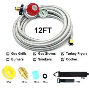 NQN 12 Foot 0-30 PSI High Pressure Adjustable Propane Regulator with Gauge 0~60PSI Gas Flow Indicator, Gas Cooker 3/8inch Female Flare Fitting, Stainless Steel Braided Hose and Gas Grill LP Regulator