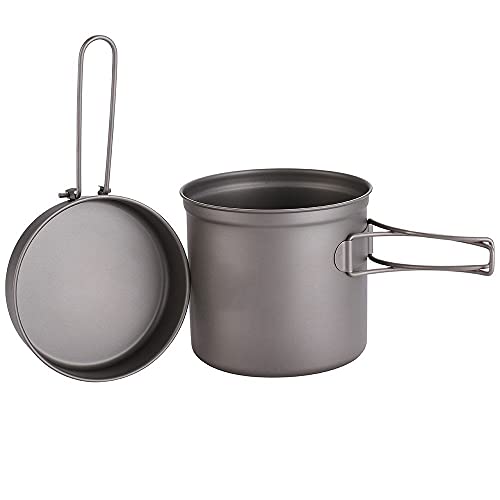 JAHH Titanium Pan Pot Outdoor Camping Hiking Cookware Backpacking Cooking Picnic Bowl Pot Pan Set with Folded Handle