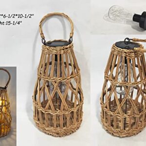 COLLECTIVE HOME - Outdoor Rattan Lantern, Solar Lantern with Handle, Summer Garden Decor, 15" Patio Waterproof Hanging Table Natural Lamp Lights, Wedding Home Decoration, Auto On/Off