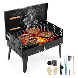 homful charcoal grills portable camping grill folding bbq with 8 pcs barbecue accessories with lid 3-level height adjustment for 3 to 5 people for outdoor hiking party park beach, black