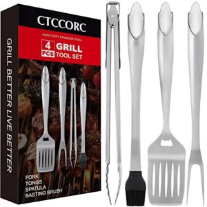 CTCCORC 18 Inch Grill Tool Sets, 4PCS BBQ Barbecue Tool Sets with Durable Spatula, Fork, Tongs, Basting Brush, Heavy Duty Stainless Steel Outdoor Cooking Tools Camping Grilling Tools Accessories