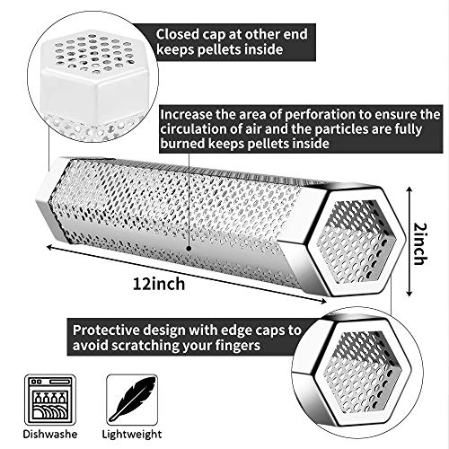 Hexagon Pellet Smoker Tube,12 inch Stainless Steel BBQ Wood Pellet Tube Smoker for Cold/Hot Smoking,5 Hours of Billowing Smoke-for Any Grill or Smoker,with 2 S Shape Hooks+1 Cleaning Brush.