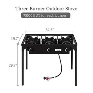 Propane Burner Stove, Propane Gas Cooker, Outdoor Camp Stove High Pressure Propane Burner Adjustable PSI Regulator and 4ft Leather Braided Hose (Three Burner 225000-BTU)