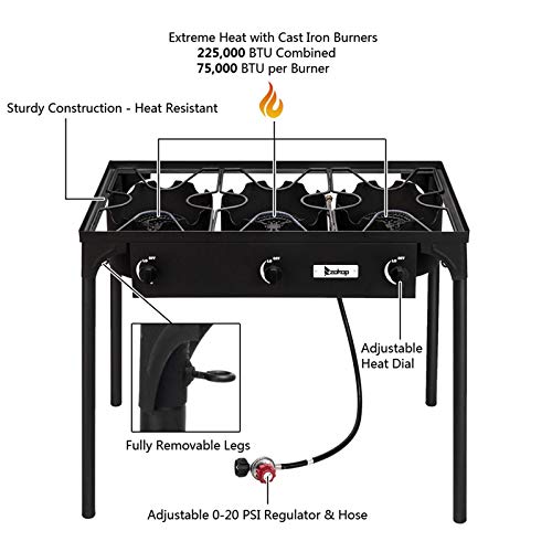 Propane Burner Stove, Propane Gas Cooker, Outdoor Camp Stove High Pressure Propane Burner Adjustable PSI Regulator and 4ft Leather Braided Hose (Three Burner 225000-BTU)