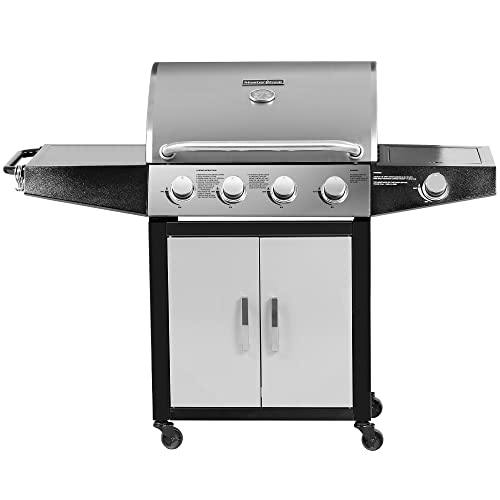 MASTER COOK Outdoor Propane Gas Grill, 4-Burner Gas Grill with Side Burner Liquid Propane Gas Grill BBQ Gas Grill, Stainless Steel Gas Grill, Silver Black