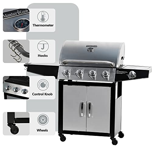 MASTER COOK Outdoor Propane Gas Grill, 4-Burner Gas Grill with Side Burner Liquid Propane Gas Grill BBQ Gas Grill, Stainless Steel Gas Grill, Silver Black