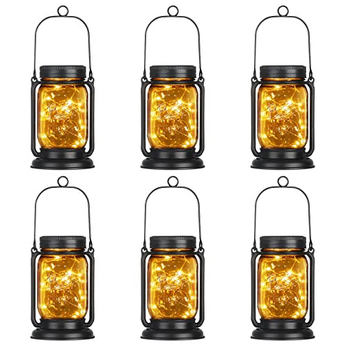 Solar Lanterns Outdoor Waterproof Hanging Mason Jar Solar Lights with 30 Led Lights,Retro Garden Solar Table Lights for Patio Yard Lawn and Christmas DIY Decorations (Solar Lantern 6 Pack)