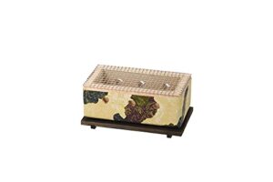 japanese tabletop bbq charcoal grill shichirin konro, with metal grate and wood base, rectangular, made in japan, 12 x 5.8"