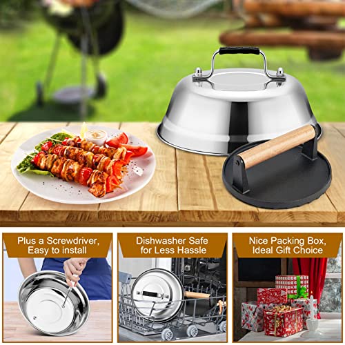 Cheese Melting Dome & Burger Press Kit, Joyfair 9 inch Basting Cover with Cast Iron Grill Press for Outdoor Griddle BBQ, Flat Top Teppanyaki Grilling & Steaming Heavy Duty & Dishwasher Safe