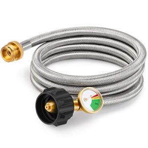 kohree 6ft propane adapter hose with gauge, 1lb to 20lb stainless braided propane tank hose adapter converter for coleman camp stove, buddy heater, tabletop grill & more 1lb portable appliance