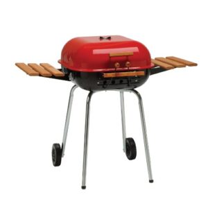 americana swinger charcoal grill with two side tables, red