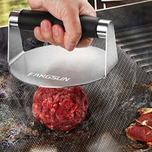 FANGSUN Burger Press with Anti-Scald Handle, 5.8 Inch Stainless Steel Burger Smasher, Round Non-Stick Hamburger Press for Griddle, Griddle Accessories Kit for Flat Grill Cooking, Gift Package