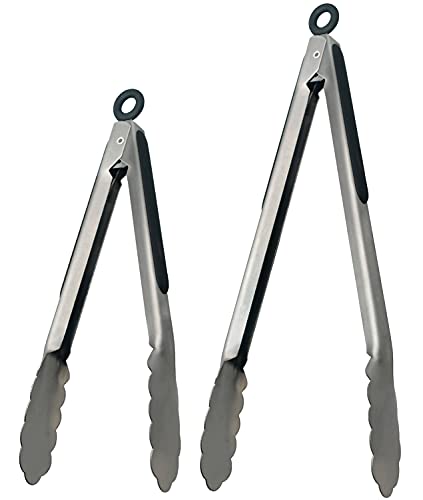 Lyxa SR Set of 9-inch and 12-inch Stainless Steel Kitchen Tongs with Locking, Metal Cooking Tongs with Non-Slip Grip,Perfect for Grilling, Barbecue (BBQ) and More (9" & 12")