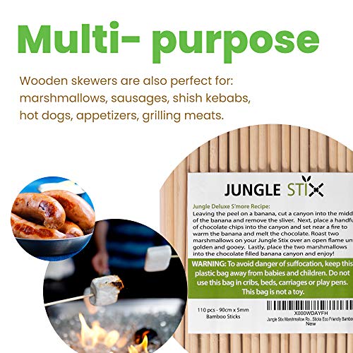 Jungle Stix Marshmallow Smores Roasting Sticks 36 Inch 5mm Thick Extra Long Heavy Duty Wooden Skewers, 110 Pieces. Perfect for Hot Dog Kebab Sausage, Environmentally Safe 100% Biodegradable