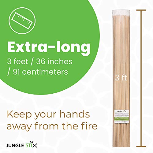 Jungle Stix Marshmallow Smores Roasting Sticks 36 Inch 5mm Thick Extra Long Heavy Duty Wooden Skewers, 110 Pieces. Perfect for Hot Dog Kebab Sausage, Environmentally Safe 100% Biodegradable