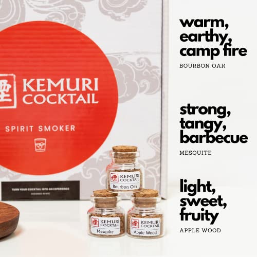 Kemuri Cocktail Bourbon Smoker Kit | Smoked Old Fashioned Kit Bundled with Bourbon Oak, Mesquite and Apple Wood Chips | Smoke Top | Craft Cocktail Smoker for Drinks | Whiskey Smoker Kit | Drink Smoker