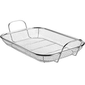 wuweot grill basket, vegetable barbecue basket, 15" x 11" stainless steel square wire mesh grilling basket roasting pan with two handles for vegetables, chicken, meats and fish
