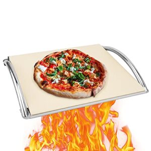 Skyflame 14” x 16” Rectangle Ceramic Pizza Baking Stone with Metal Handle Rack Compatible With Most Charcoal Grills, Gas Grills, Pizza Oven, Pellet Grills, BGE, Kamado Grills, Smoker