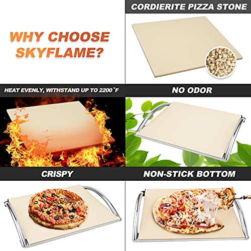 Skyflame 14” x 16” Rectangle Ceramic Pizza Baking Stone with Metal Handle Rack Compatible With Most Charcoal Grills, Gas Grills, Pizza Oven, Pellet Grills, BGE, Kamado Grills, Smoker