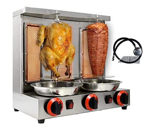 BNDHKR Homemade Chicken Shawarma Machine Commercial Turkish Chicken Doner Countertop Rotisserie Grill with 3 Burner Propane Vertical Kebab Broiler