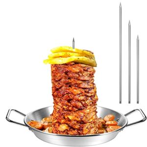 al pastor skewer for grill, bbq vertical stand skewer tacos barbecue hack vertical spit with 13" base pan for shawarma-grilling accessory brazilian churrasco with 3 spikes (8”, 10" and 12”)