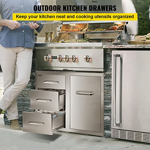 Mophorn Outdoor Kitchen Door Drawer Combo 29.5" W x 22.6" H x 21.7''D, Access Door/Triple Drawers with Propane Drawer and Adjustable Garbage Ring, Perfect for BBQ Island Patio Grill Station