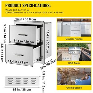 Mophorn Outdoor Kitchen Drawers 14W x 14.3H x 23D Inch, Flush Mount Double BBQ Drawers Stainless Steel with Handle, BBQ Island Drawers for Outdoor Kitchens or Grill Station