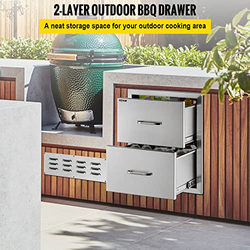 Mophorn Outdoor Kitchen Drawers 14W x 14.3H x 23D Inch, Flush Mount Double BBQ Drawers Stainless Steel with Handle, BBQ Island Drawers for Outdoor Kitchens or Grill Station