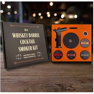 real whiskey barrel cocktail smoker kit with torch - wood chips, whiskey smoker kit, drink smoker infuser kit, bourbon smoker kit for drinks, old fashioned smoker kit, (no butane) made in usa