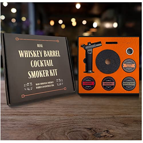 Real Whiskey Barrel Cocktail Smoker Kit with Torch - Wood Chips, Whiskey Smoker Kit, Drink Smoker Infuser Kit, Bourbon Smoker Kit for Drinks, Old Fashioned Smoker Kit, (No Butane) Made In USA