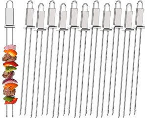 lallisa kabob skewer for grilling metal stainless steel bbq skewer stick with push bar reusable double pronged kebab skewer tool quick release meat chicken vegetable and fruit for father (12 pieces)