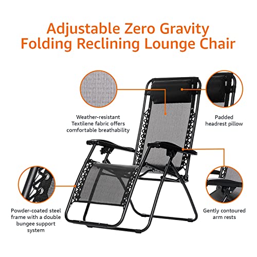 Amazon Basics Outdoor Textilene Adjustable Zero Gravity Folding Reclining Lounge Chair with Pillow, Black